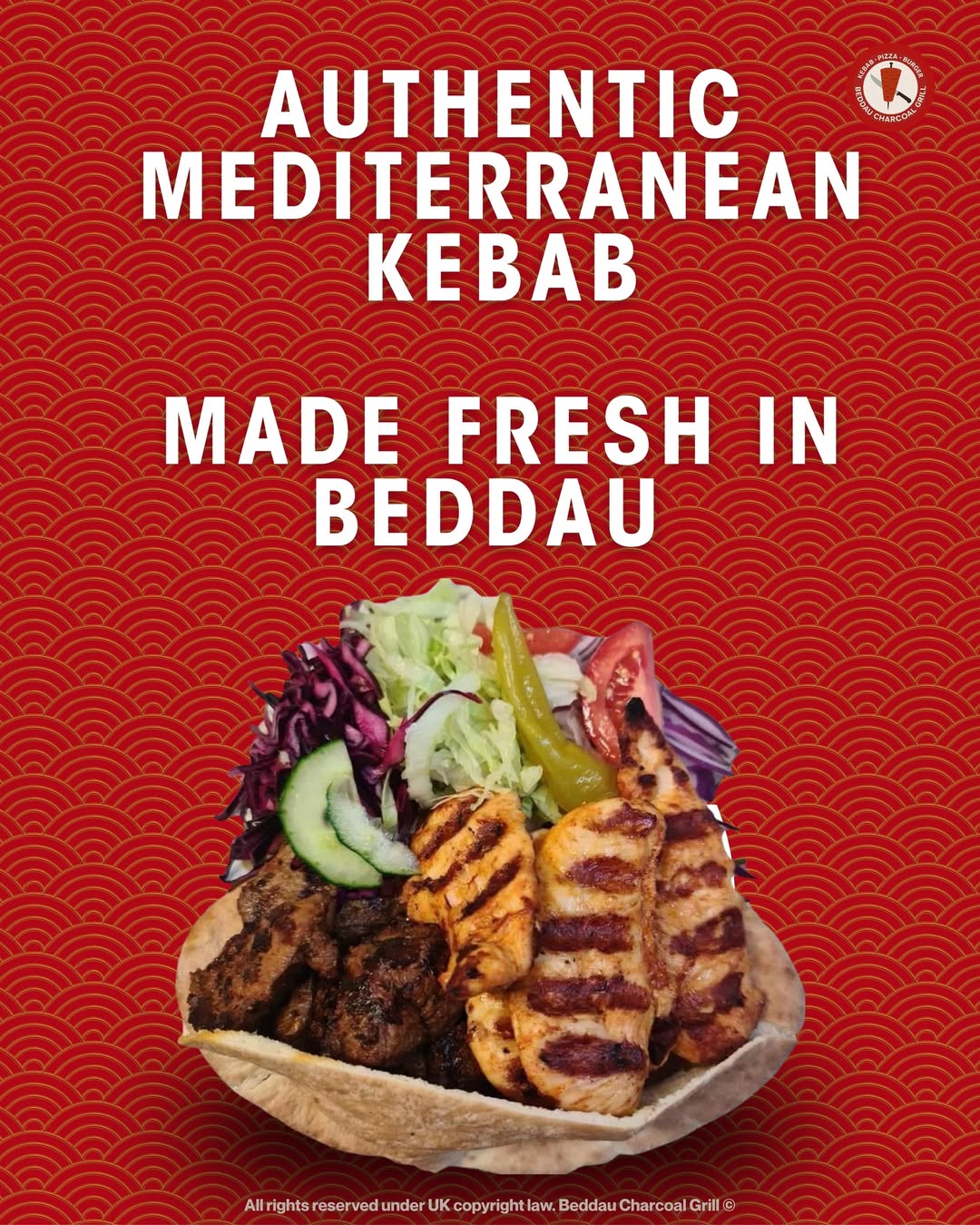 Authentic Mediterranean kebab made fresh in Beddau — grilled chicken and lamb on fresh salad